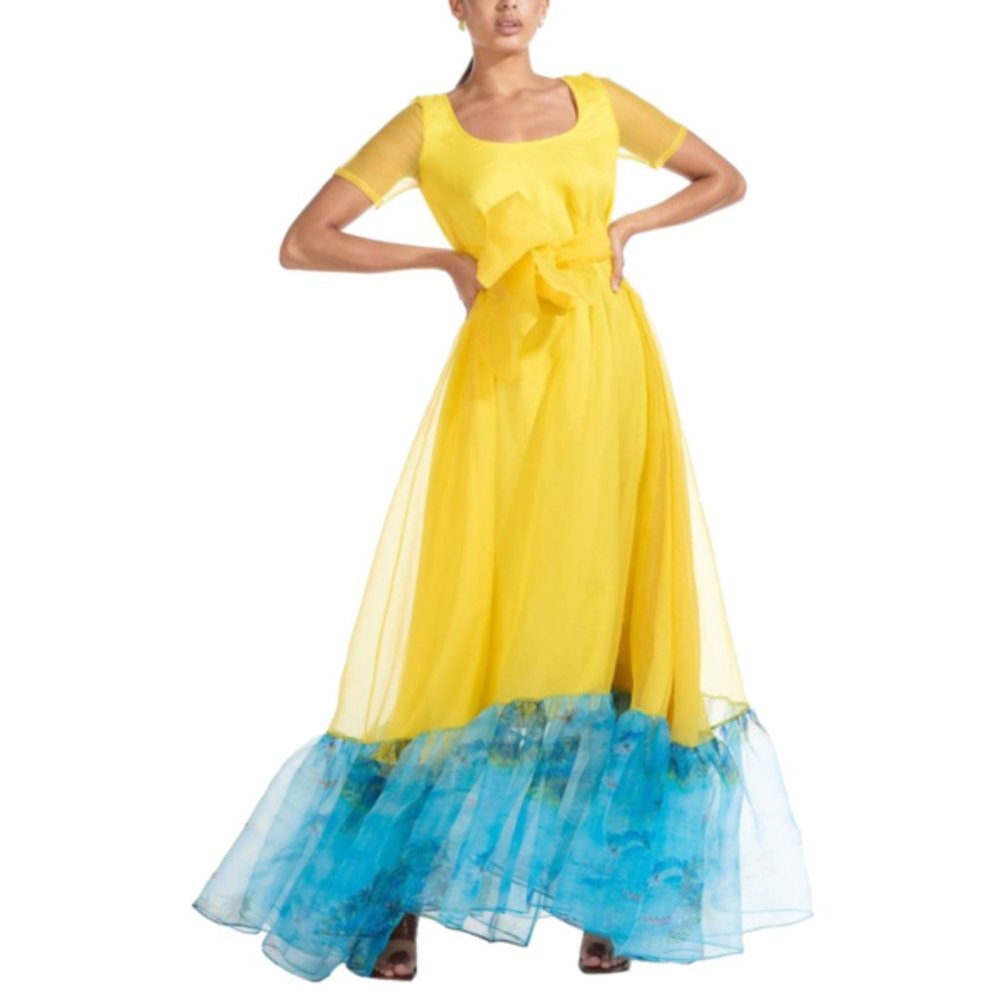 STAUD Lemon Yellow Blue Island Hala Dress
